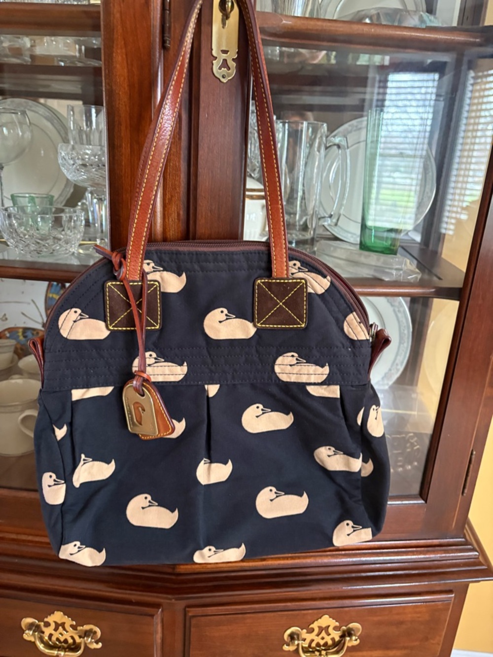 Dooney & Bourke Navy Canvas Duck Print Satchel with Brown Leather Tag